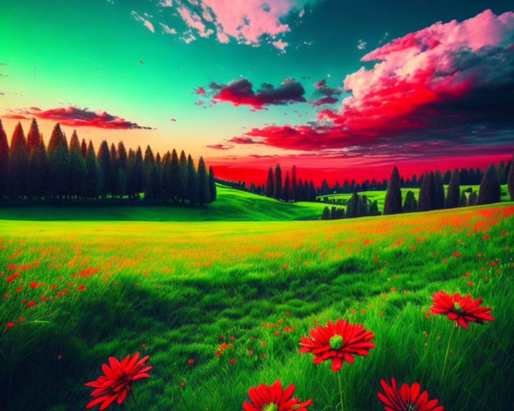 Colorful sunset landscape with red flowers, green field, trees, pink and blue clouds