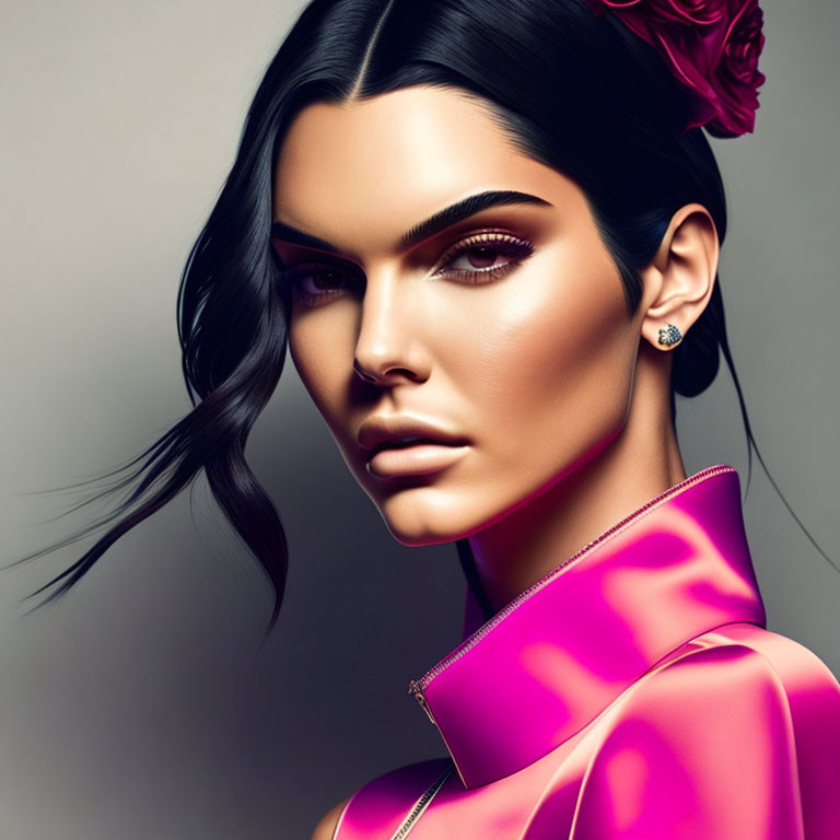 Woman with Sleek Hair and Bold Makeup in Magenta Outfit and Rose - Elegant and Confident