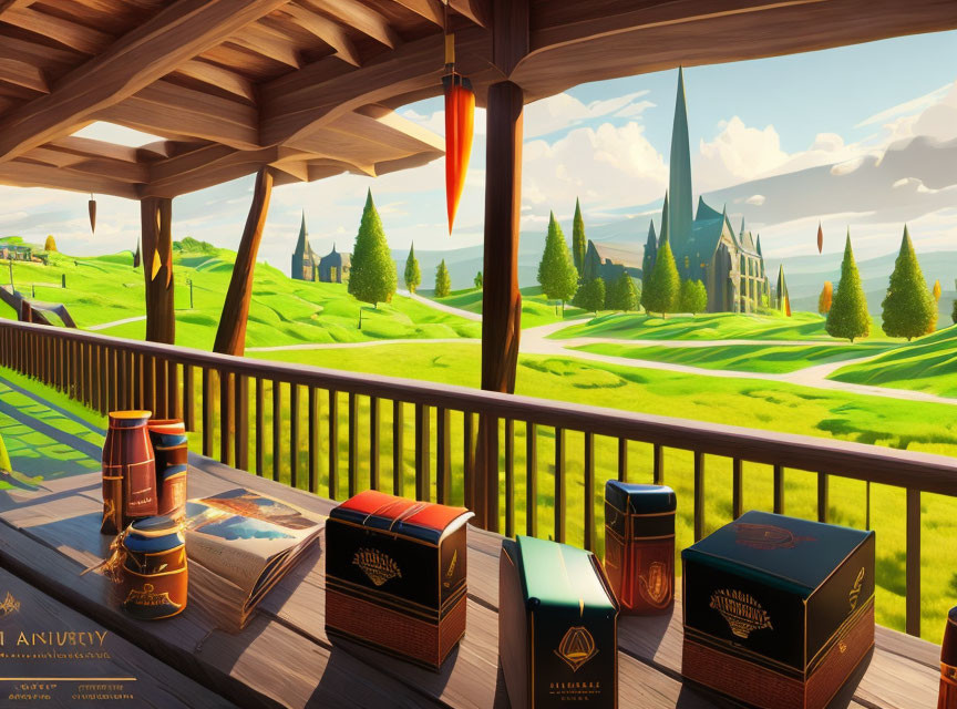 Balcony view of books and castle in vibrant landscape