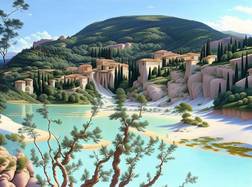 Tranquil Landscape Painting: Green Hills, Waterfalls, Lake, Classical Buildings