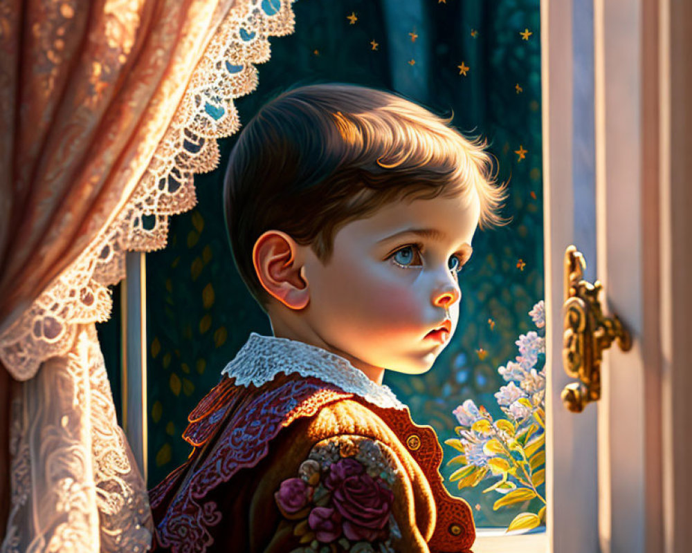 Child Looking Out Window at Night with Stars and Soft Light