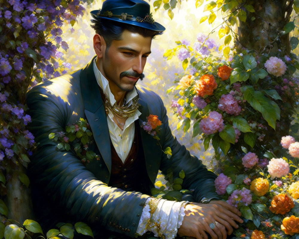 Vintage Attire Gentleman Surrounded by Blooming Flowers