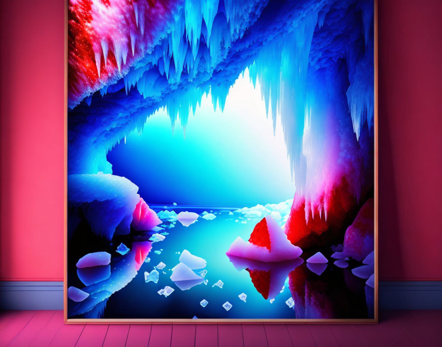 Vivid icy cave artwork in red and blue hues on pink backdrop