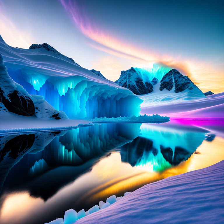 Snow-covered landscape with purple and pink sunset hues and blue ice cave reflection