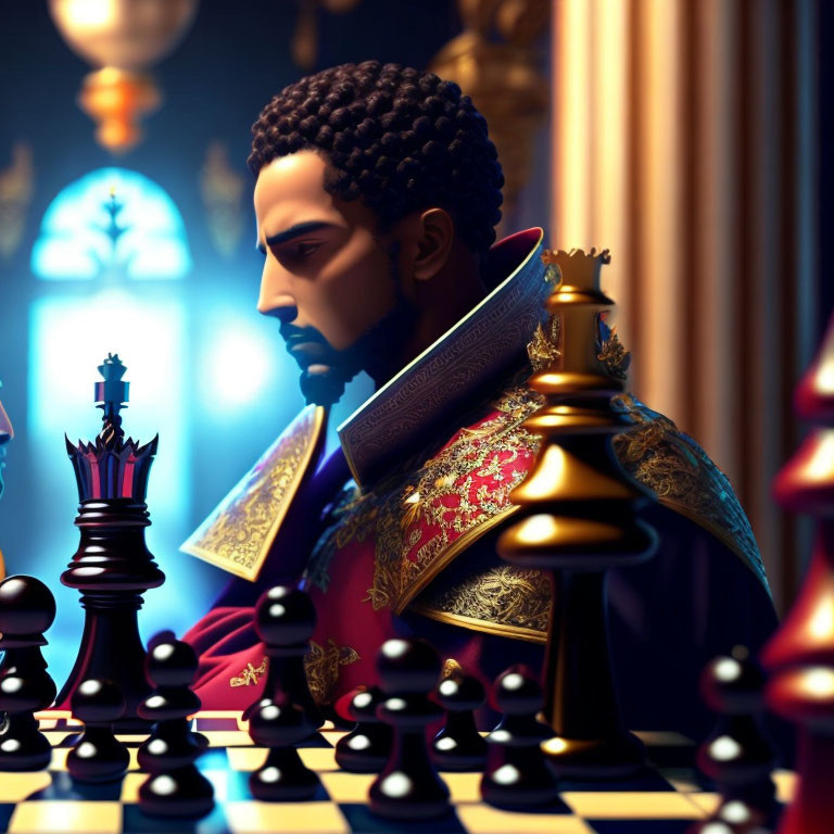 Man in royal attire gazes at chessboard with black king piece