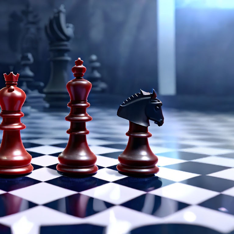 Red Knight and Pawns on Reflective Checkered Board with Blurred Background