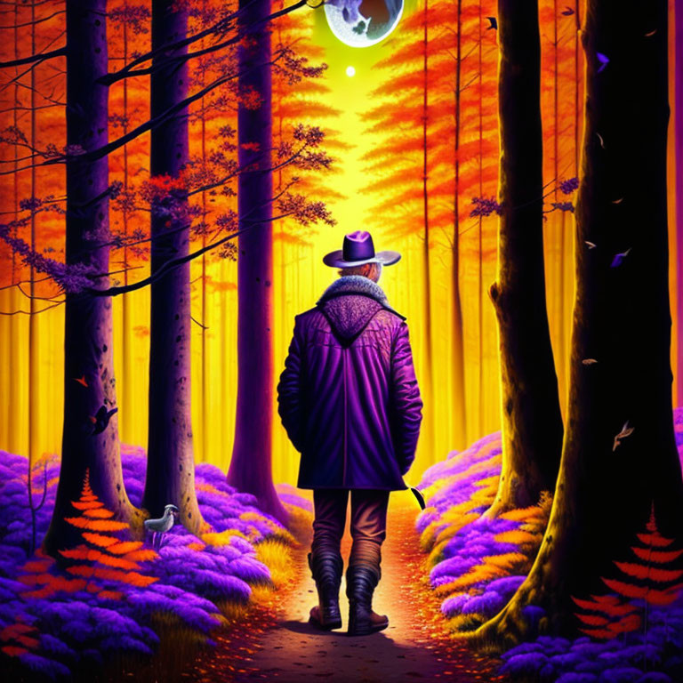 Person in hat and coat strolling in colorful forest under full moon