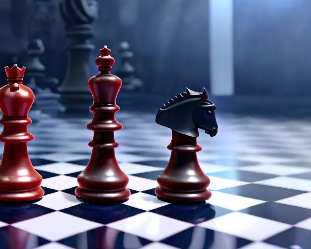 Red Knight and Pawns on Reflective Checkered Board with Blurred Background