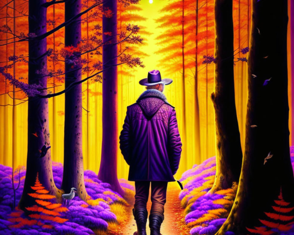 Person in hat and coat strolling in colorful forest under full moon