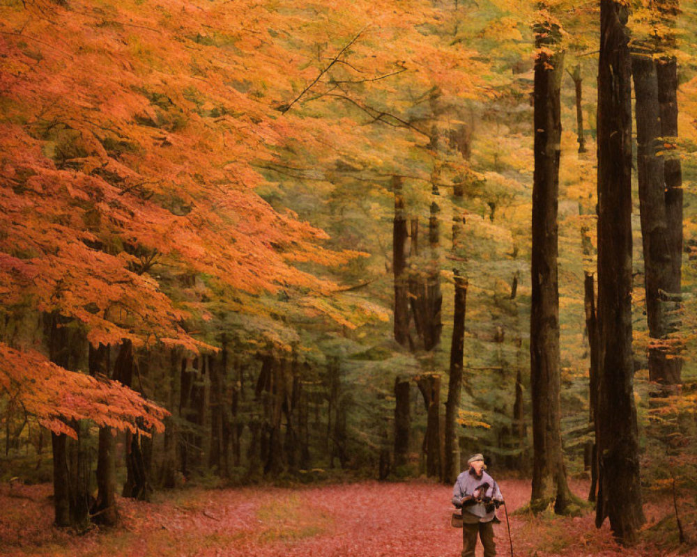 Person in Light-Colored Jacket on Autumn Forest Path with Vibrant Leaves