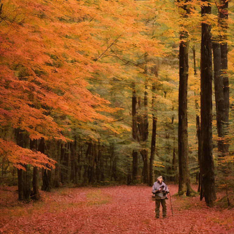 Person in Light-Colored Jacket on Autumn Forest Path with Vibrant Leaves