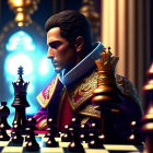 Man in royal attire gazes at chessboard with black king piece