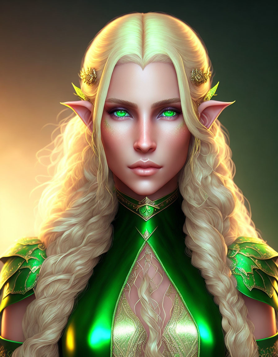 Fantasy elf character with long blond hair and green eyes in ornate armor