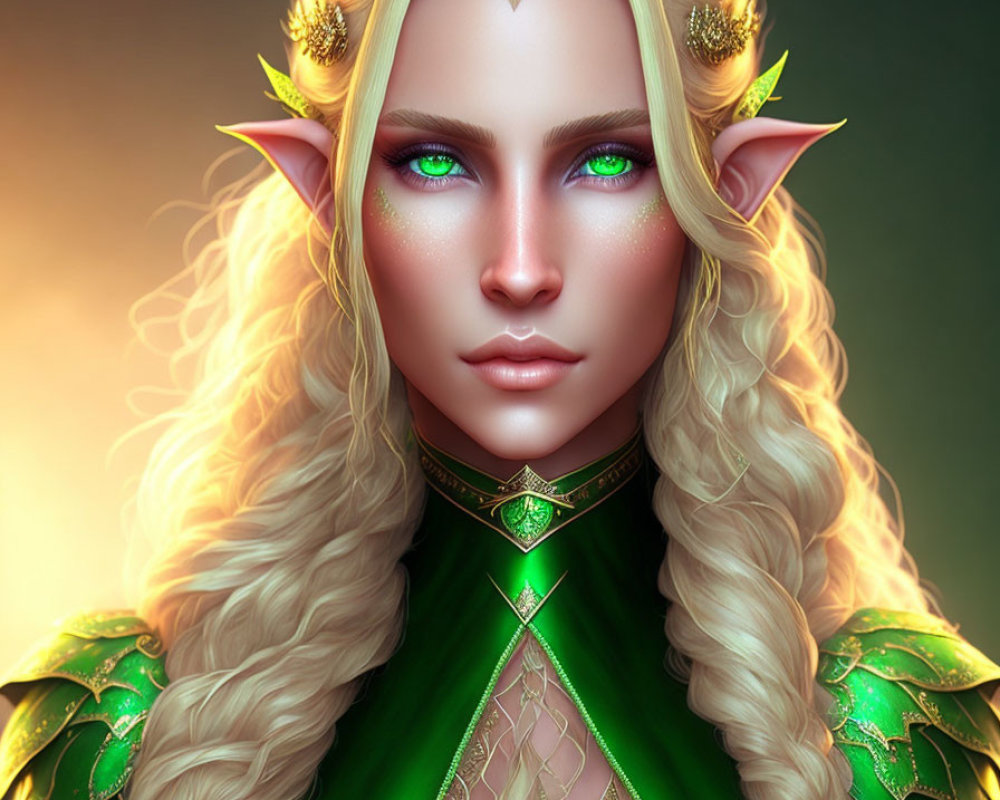 Fantasy elf character with long blond hair and green eyes in ornate armor