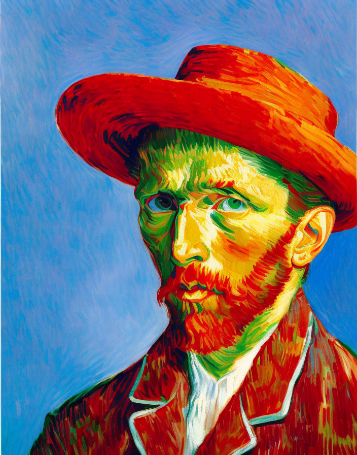 Vibrant portrait of a bearded man in red coat and orange hat against blue background