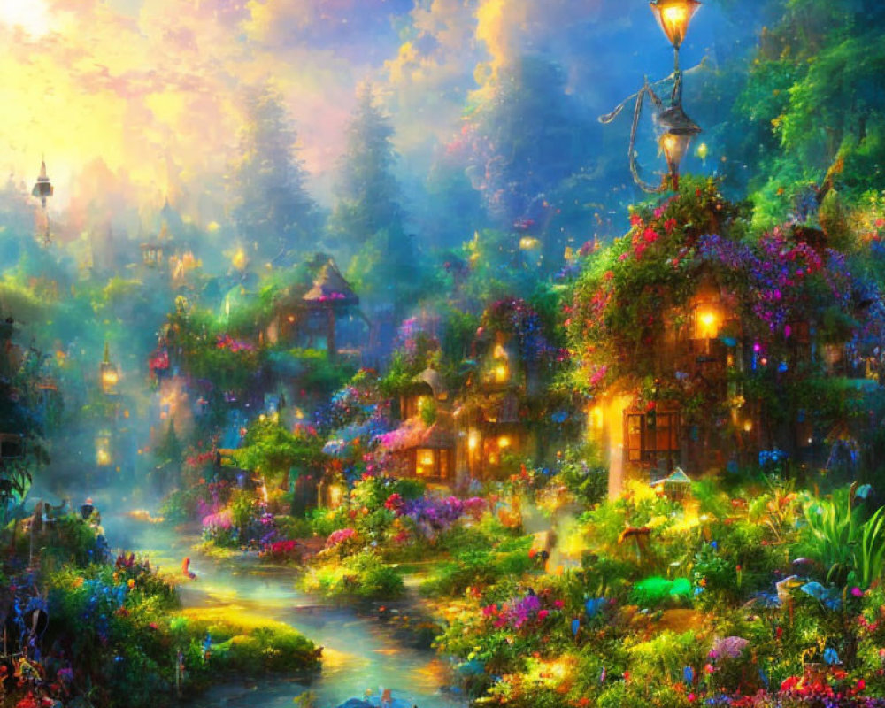 Colorful painting of magical village with blossoming flowers, quaint houses, river, and couple rowing