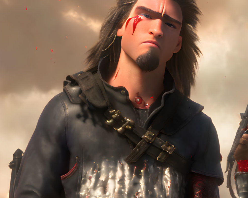Animated character with scar, long hair, leather outfit, and metal arm