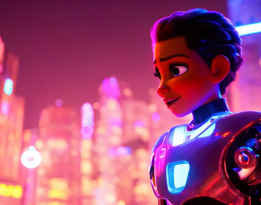 Futuristic armored female character in animated cityscape at night