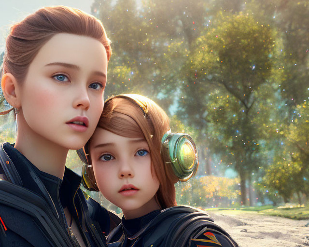 Digital artwork featuring two female characters with futuristic headphones embracing in a sunny, tree-filled setting