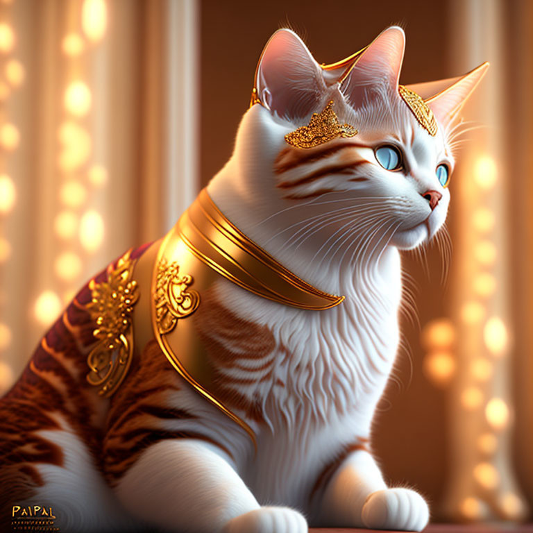 Majestic cat with golden jewelry in warm glowing lights