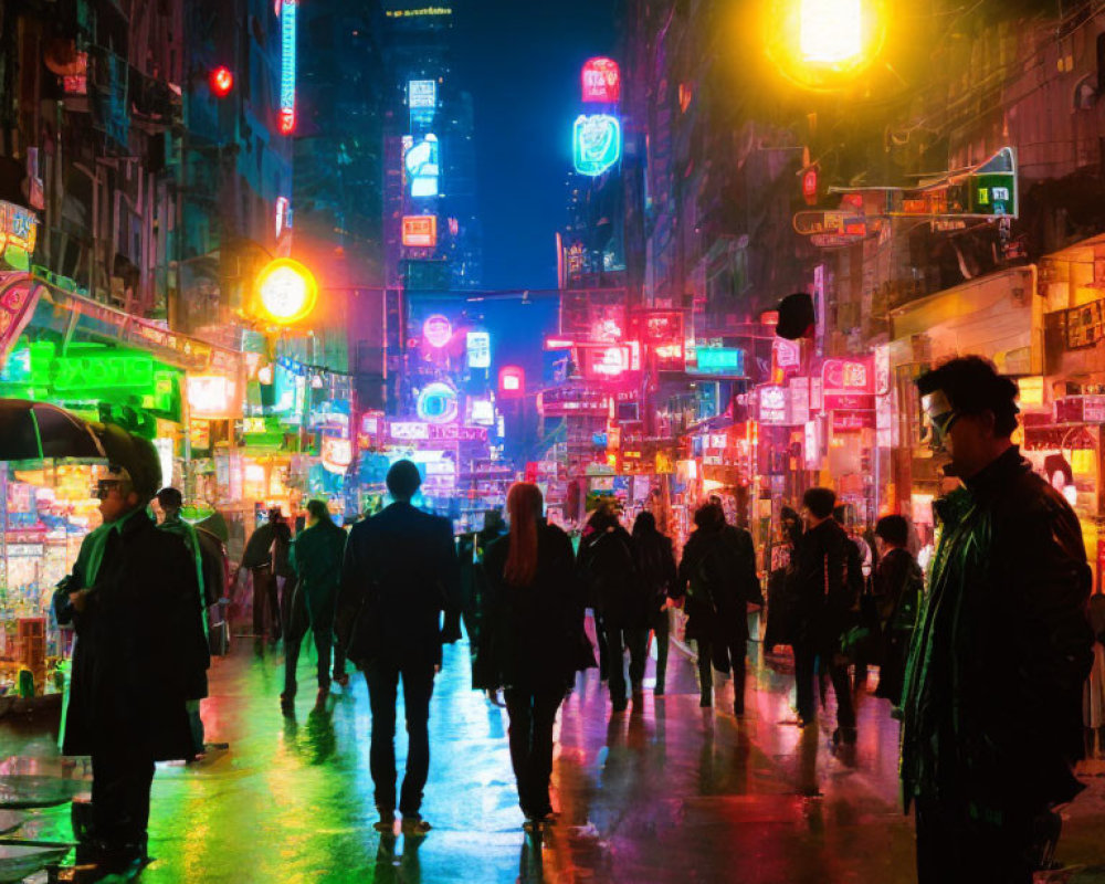 Vibrant neon-lit city street at night with bustling people and colorful reflections.
