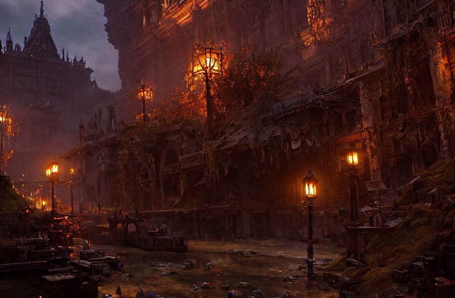 Abandoned Gothic cityscape at dusk with debris and lanterns