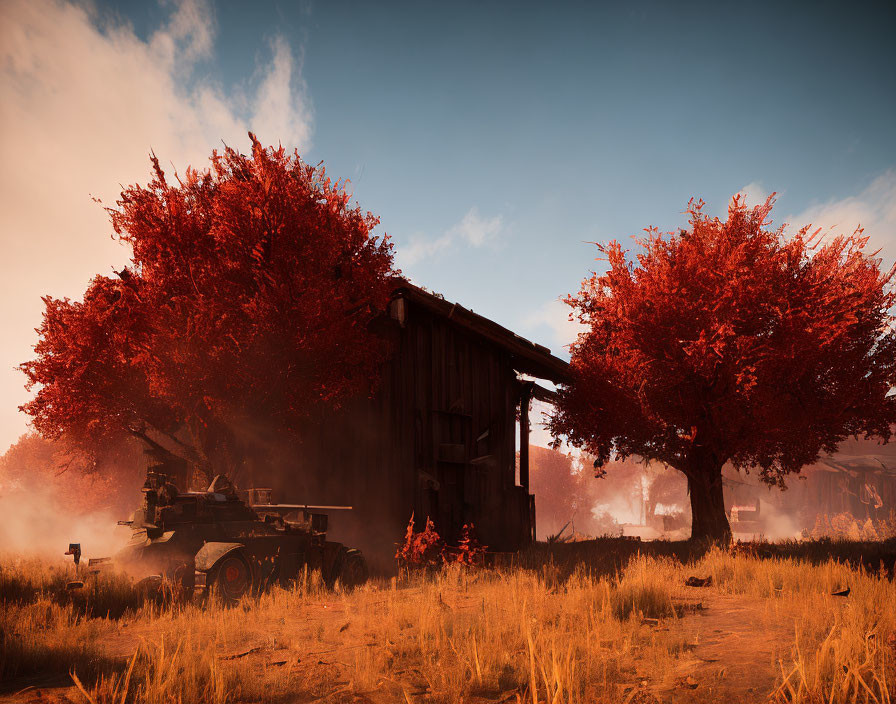 Vibrant red trees, old wooden shack, vintage tractor in autumn scene