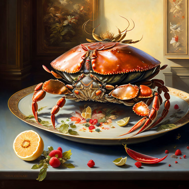 Detailed painting of armored crab on plate with fruits and flowers in warm light
