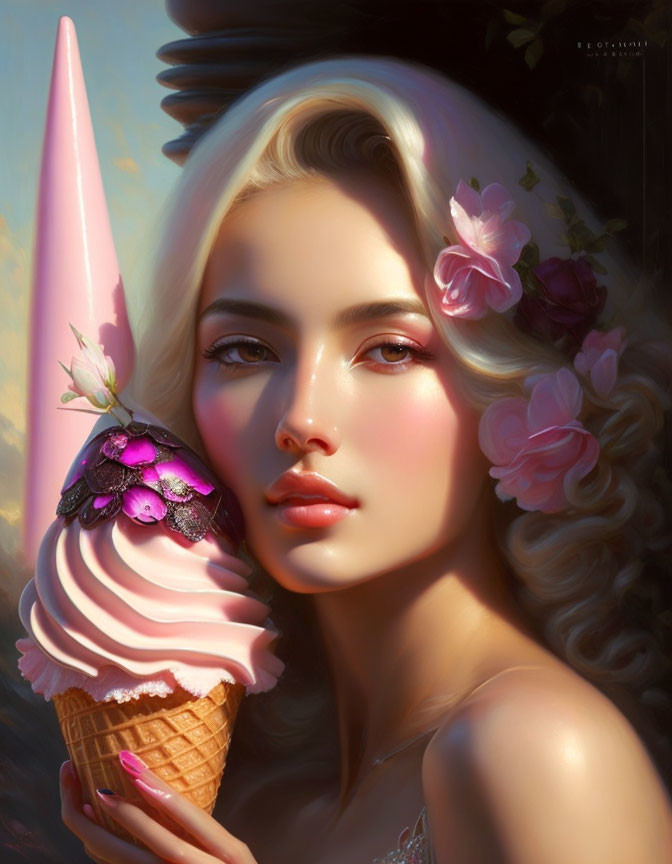 Digital artwork of woman with pale skin holding pink ice cream cone with flowers and butterflies against golden-lit