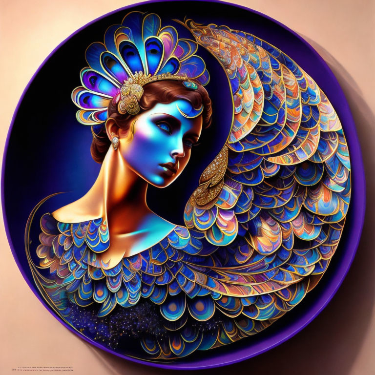 Vibrant woman with peacock headdress in circular frame