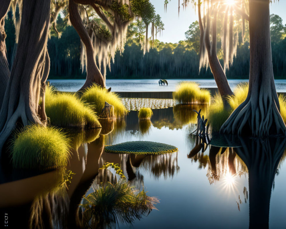 Tranquil swamp scene with cypress trees, grass tufts, and flying bird.