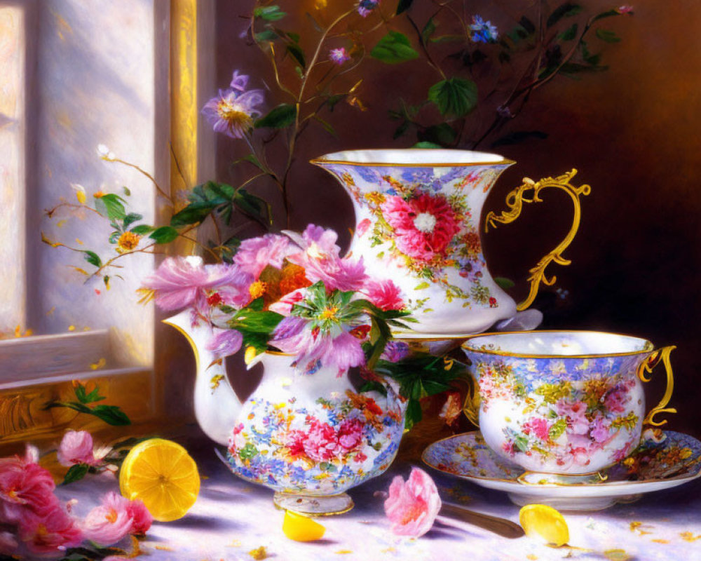 Floral-patterned porcelain tea set with lemon slices and scattered petals on table