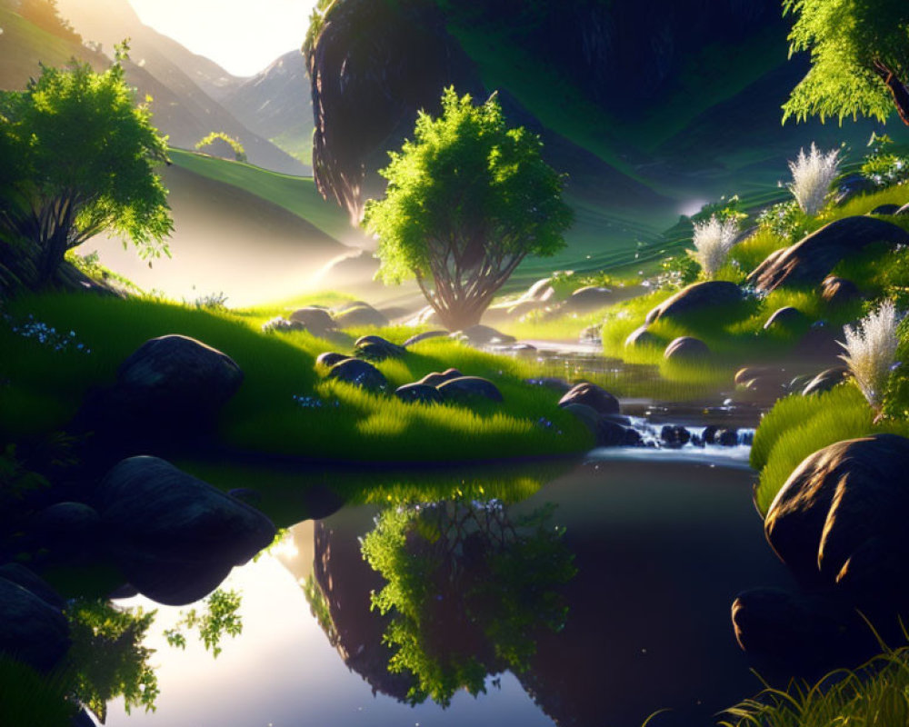 Tranquil landscape with reflective river, lush greenery, and glowing light