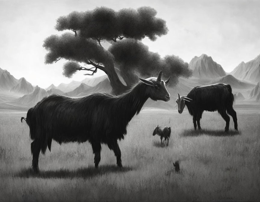 Monochromatic artwork of goats in serene meadow