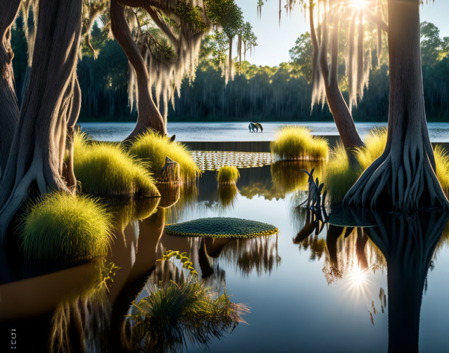 Tranquil swamp scene with cypress trees, grass tufts, and flying bird.