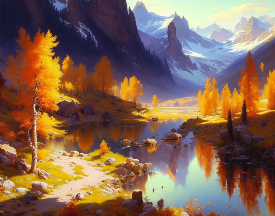 Tranquil autumn landscape with vibrant trees, reflecting in a calm lake, framed by majestic mountains.