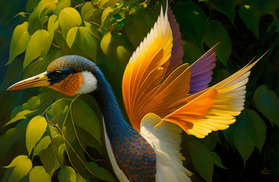 Colorful Bird Painting with Detailed Plumage and Green Leaves