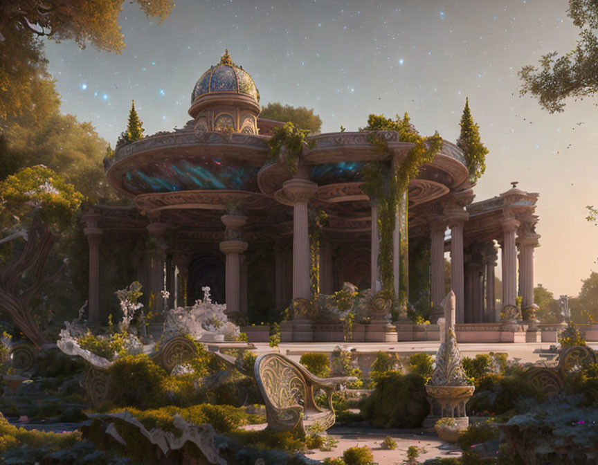Ethereal garden with ornate pavilion and lush flora