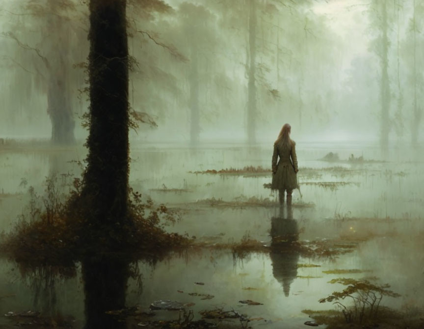 Tranquil swamp scene with solitary figure and misty ambiance