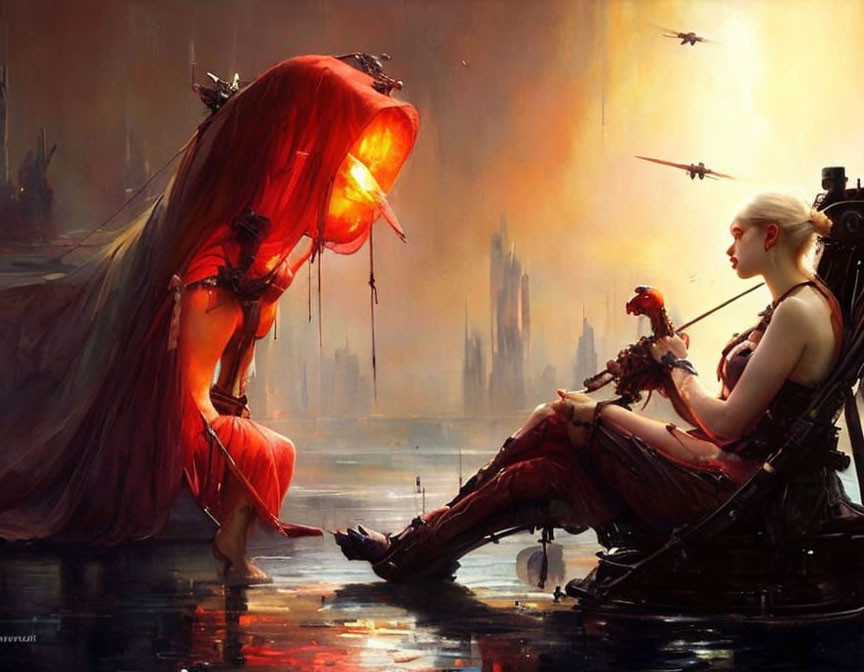 Futuristic sci-fi artwork featuring two women in red and cybernetic attire in a dystopian