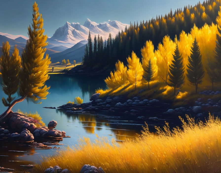 Tranquil autumn scenery with golden trees, calm river, sunlit grass, and snow-capped