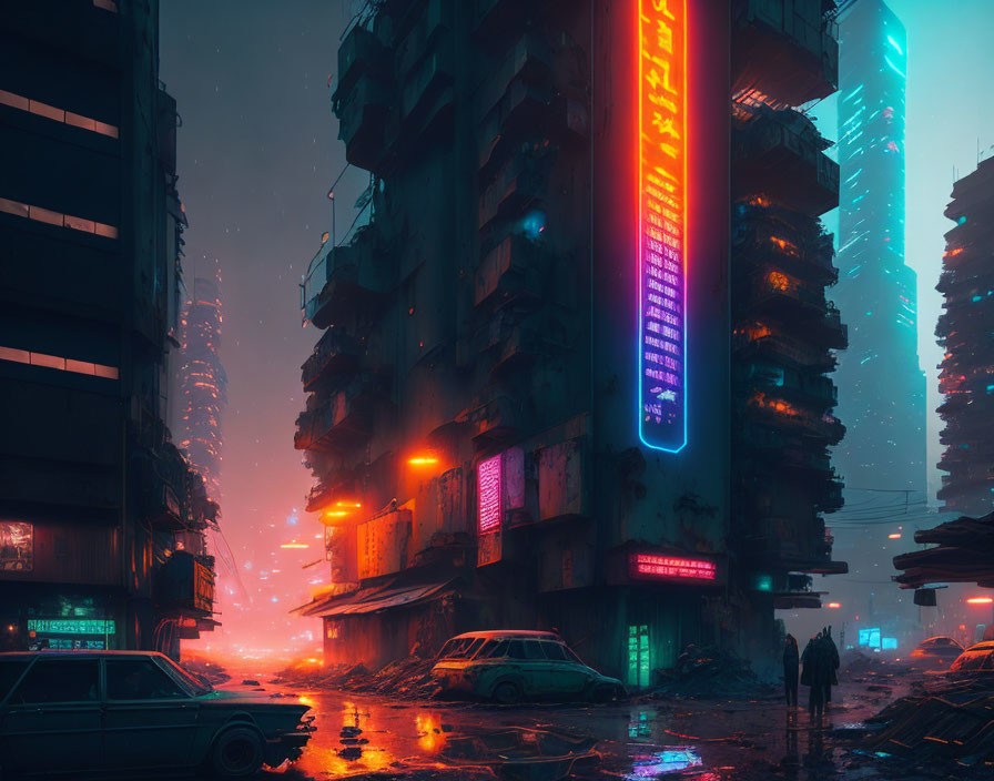 Futuristic neon-lit cityscape at dusk with towering buildings