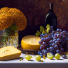 Still Life Composition: Wheel of Cheese, Grapes, Bottle, Flowers, Lemon Slices
