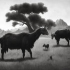 Monochromatic artwork of goats in serene meadow