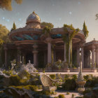 Ethereal garden with ornate pavilion and lush flora