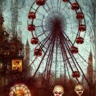 Eerie amusement park with Ferris wheel & ghostly figures