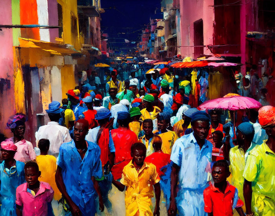 Colorful Painting of Crowded Street Scene with People and Umbrellas