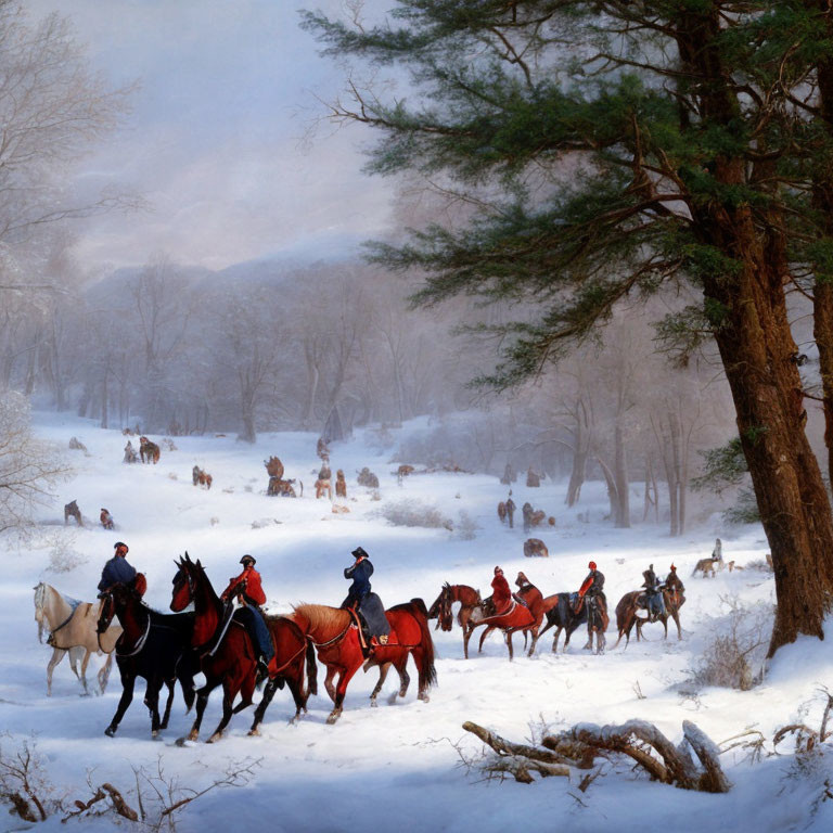 Horseback riders in snowy landscape with bare trees