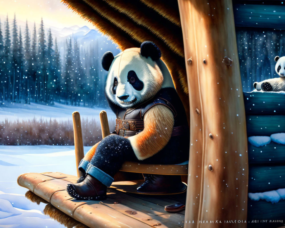 Anthropomorphic panda in vest and boots on snowy porch with another panda peeking.