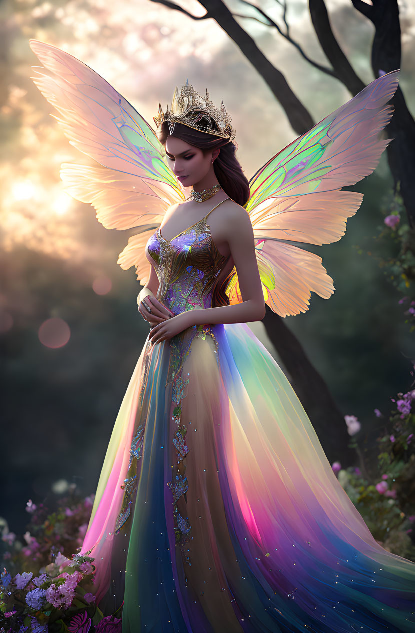 Fantasy illustration of woman with butterfly wings in magical forest